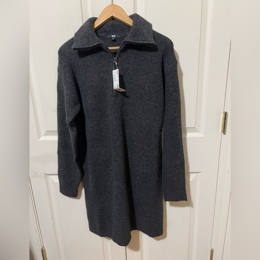 NWT Uniqlo Women rib stitch Half-zip Souffle Yarn Dress DARK GRAY size XS